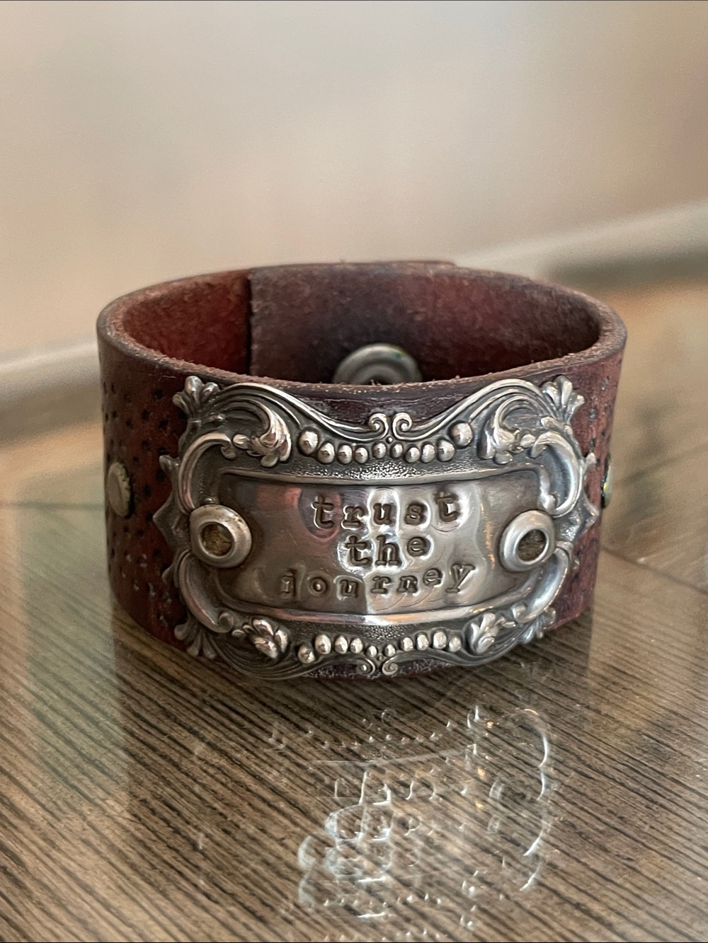 Boho Chic Leather Cuff Silver -tone Plate “Trust the Journey” Snap Closure